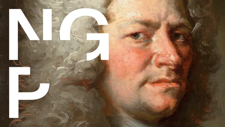Detail of a Baroque-style portrait of a man with graphic typography overlay.